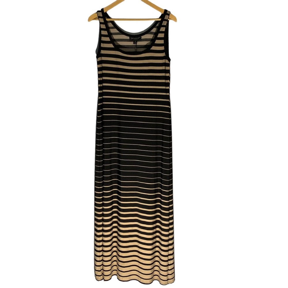 CONNECTED APPAREL Maxi Boho Tank Dress Black/Tan Stripe Size Large **Like New!